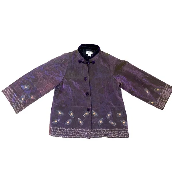 Vintage Anis USA Iridescent Peacock Jacket Kimono L Silk Top Boho Slow Phoebe - Picture 2 of 12